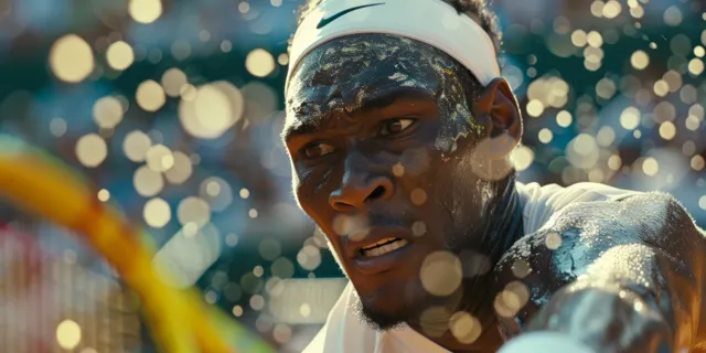 Men’s doubles tennis player serves in a gold medal match with sweat on his face and blurred stadium lights behind.
