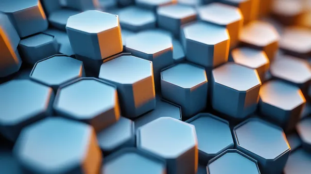 Floating hexagon cube blocks form a geometric pattern with soft blue lighting and depth blur.