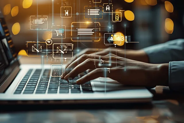 Hands typing on a laptop as secure document icons and encrypted folder overlays appear on the screen.