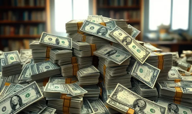 Montones de billetes estadounidenses de un dólar atados esparcidos sobre una mesa dentro de una sala forrada de libros.