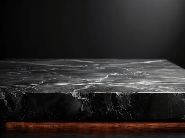 Black marble tabletop with white veins on a wooden base under dramatic studio lighting.