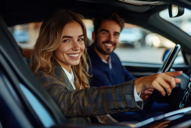 Smiling woman points forward in a car passenger seat while the driver grins