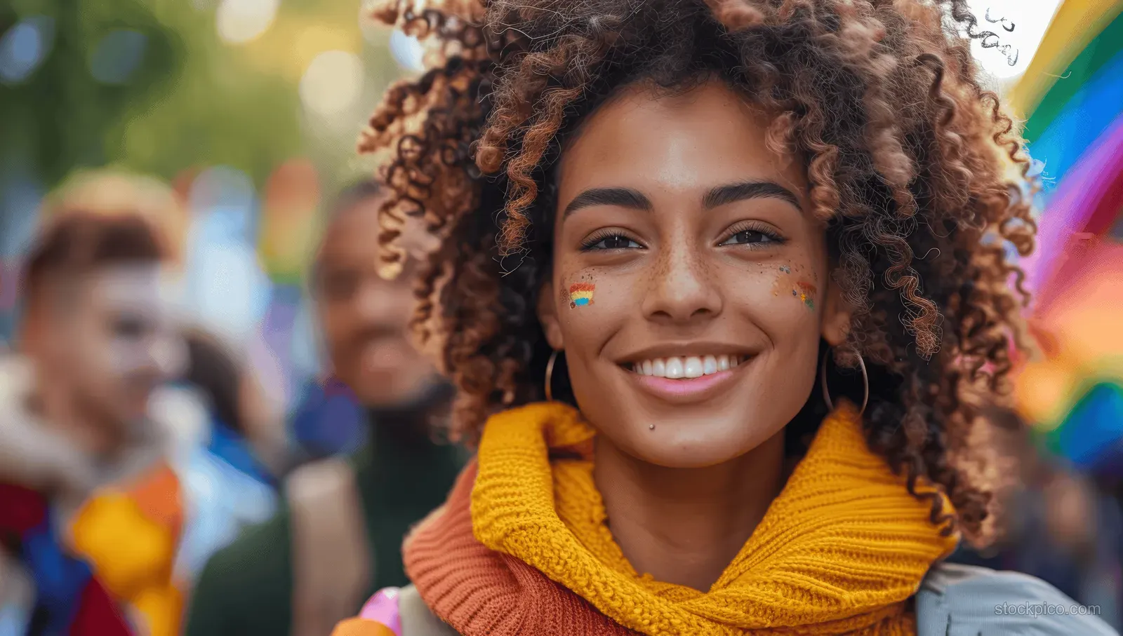 A person in a rainbow-themed Pride crowd holds a colorful flag outdoors.