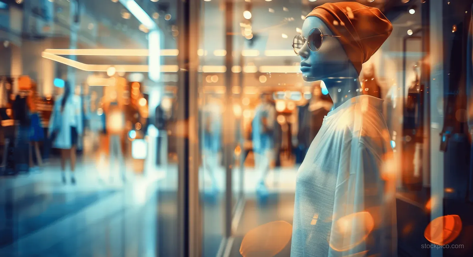 Blurred luxury boutique interior with mannequin displays by glass windows and orange-white bokeh lights.
