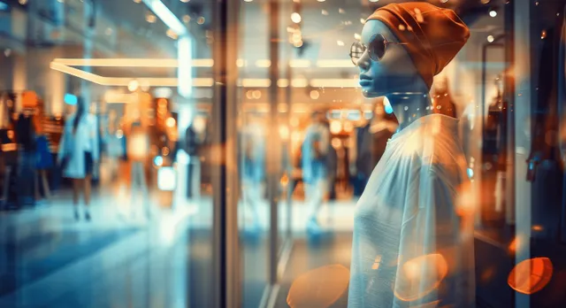 Blurred luxury boutique interior with mannequin displays by glass windows and orange-white bokeh lights.