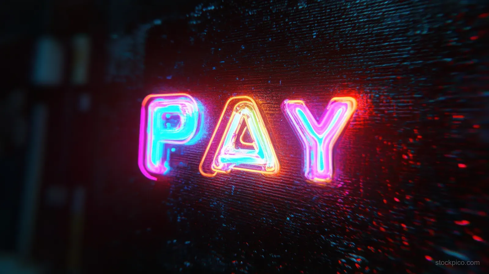 Neon PAY letters glow pink, blue, and orange on a textured dark wall.