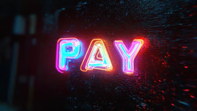 Neon PAY letters glow pink, blue, and orange on a textured dark wall.