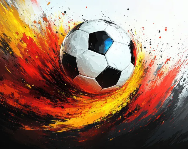 A soccer ball surrounded by swirling black, red, and yellow paint strokes.