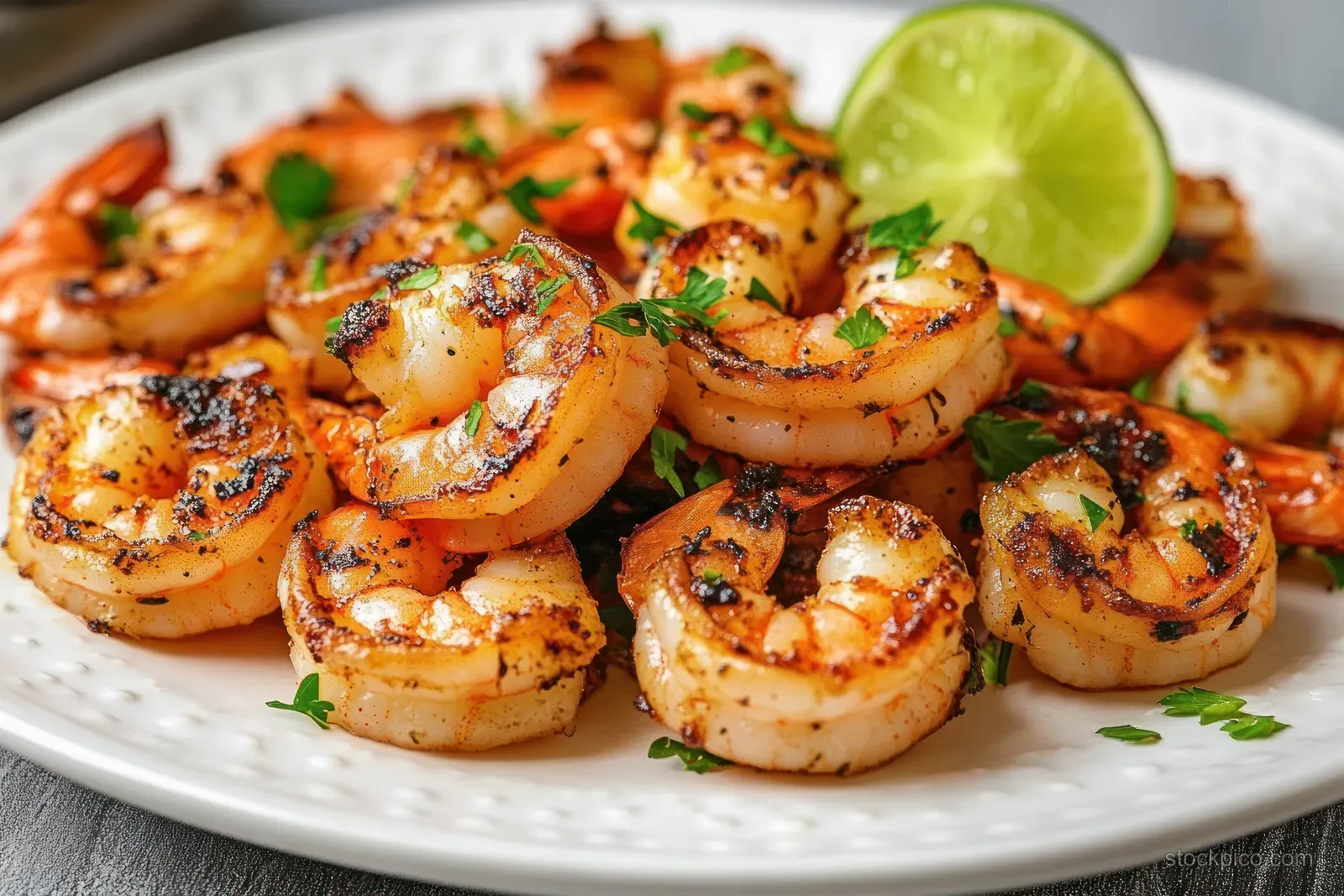 Grilled shrimp topped with chopped parsley on a white plate beside a lime wedge.