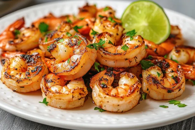 Grilled shrimp topped with chopped parsley on a white plate beside a lime wedge.