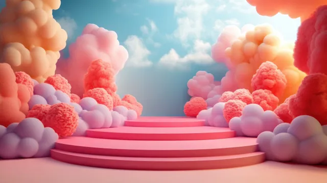 Pastel rainbow cloud stage podium with soft lighting for cute children toy display background