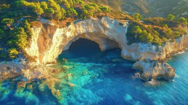 Aerial shot of a volcanic sea cave on Milos Island with turquoise water and sunlit coastal cliffs.