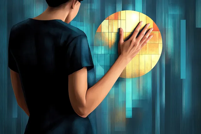 Back-view person touching a glowing yellow circle on a textured blue abstract wall