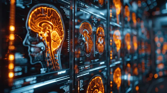 MRI brain scan images glow orange on wall monitors beside dark blue interface panels.
