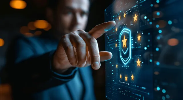 A businessman points at a glowing holographic display with five-star service icons and a cyber security shield.