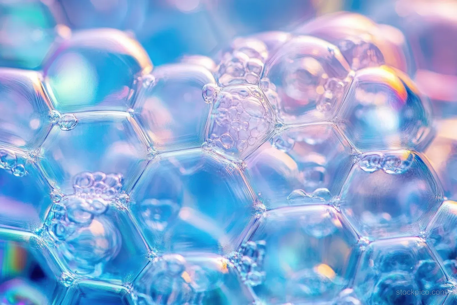 Iridescent soap bubbles cluster together with blue, pink, and purple light reflections in a macro close-up.