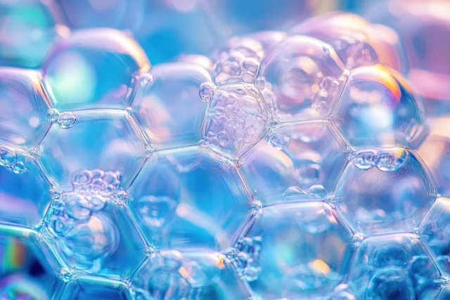 Iridescent soap bubbles cluster together with blue, pink, and purple light reflections in a macro close-up.