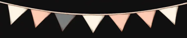 Pastel triangular pennant flags hang in a string across the top against a black background.