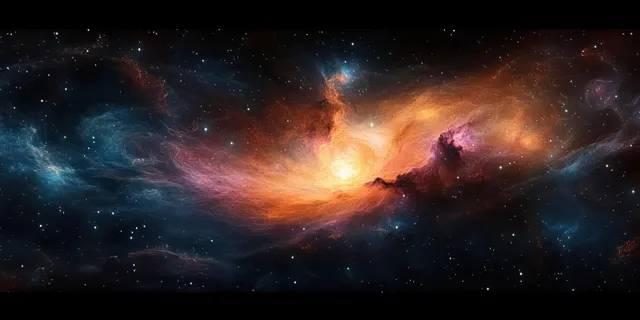 Cosmic nebula bursts across a night sky with swirling colors and a glowing core