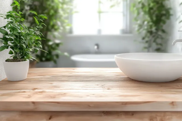 Blurry bathroom vanity with wooden countertop, ceramic sink, and sunlit window greenery