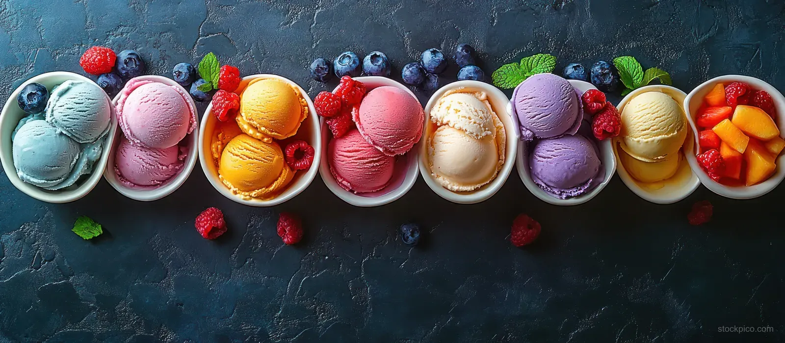 Assorted colorful ice cream scoops with fresh berries and fruit are arranged on a dark rustic table.