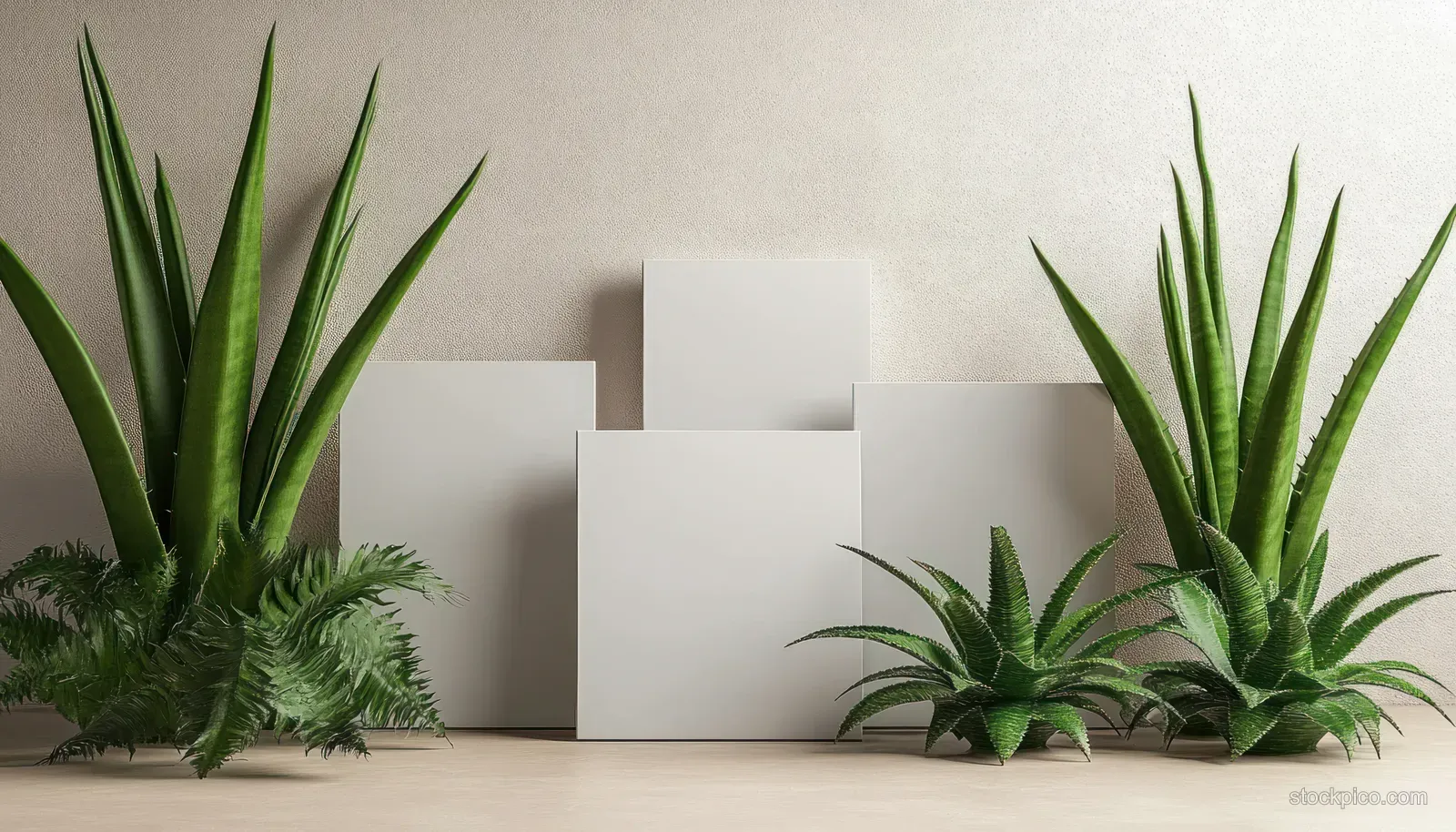 Aloe vera plants surround an empty minimalist podium on a beige background with soft lighting.