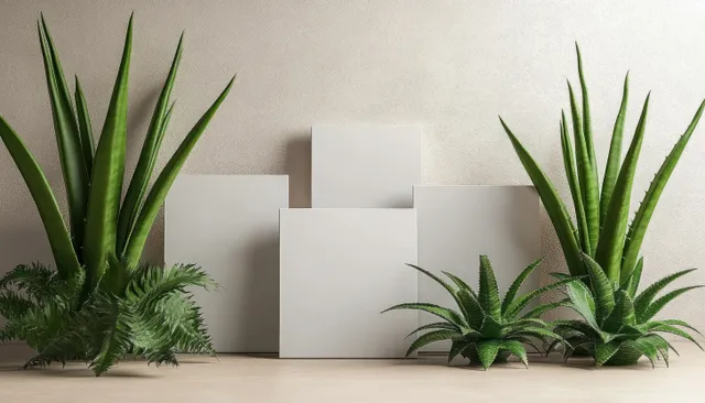 Aloe vera plants surround an empty minimalist podium on a beige background with soft lighting.