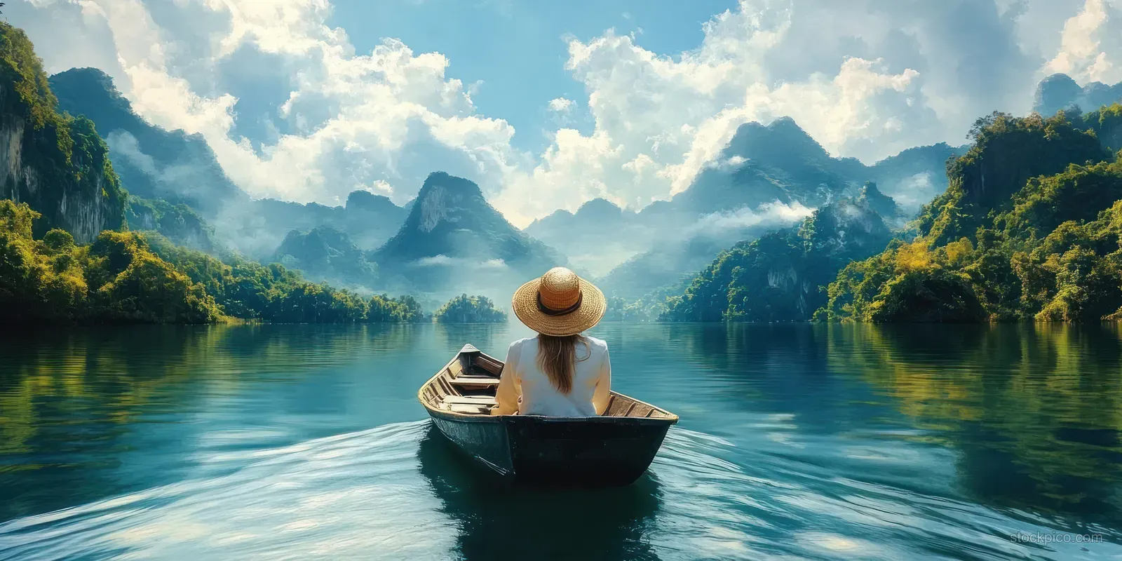 Woman in a straw hat sits in a small boat on calm blue water surrounded by lush green mountains.