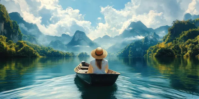 Young woman in straw hat relaxing in a small boat on calm river