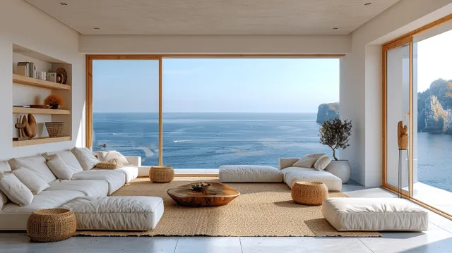 Beige minimalist living room with low sofas and a wooden coffee table facing a wide ocean view through large windows.