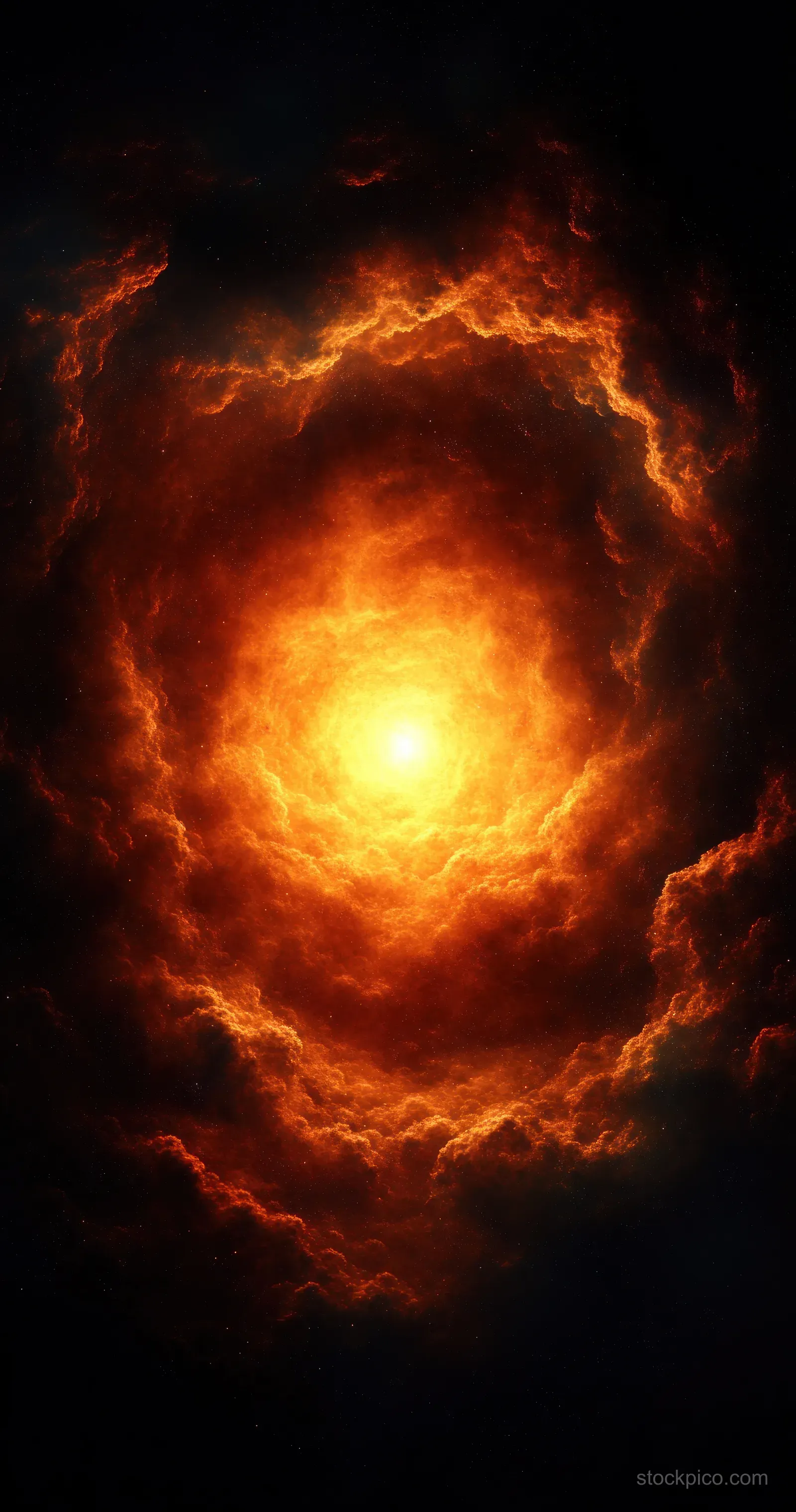 Glowing fiery nebula clouds swirl around a bright orange center in dark space.