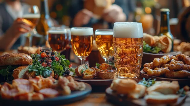 Frothy beer mugs, sandwiches, and appetizers fill a table as people toast in warm indoor lighting.