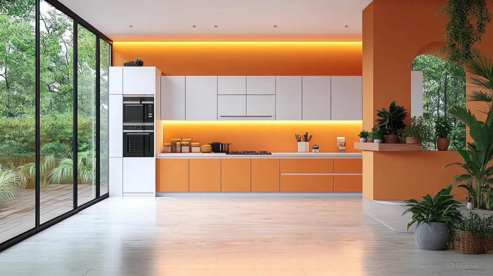 Minimalist orange and white kitchen interior with built-in oven, potted plants, and large windows letting in natural light.