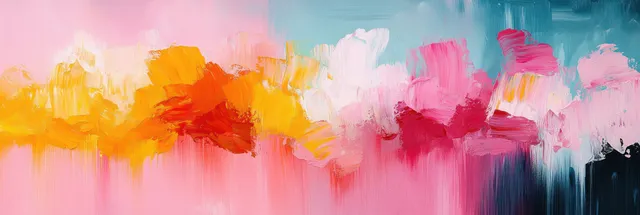 Close view of an abstract painting with pink, yellow, and white fluid brushstrokes across a textured light background.