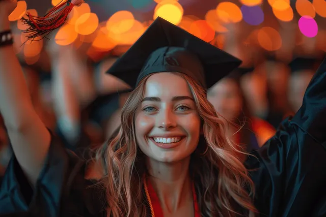 Smiling young graduate in cap and gown celebrating under colorful bokeh lights