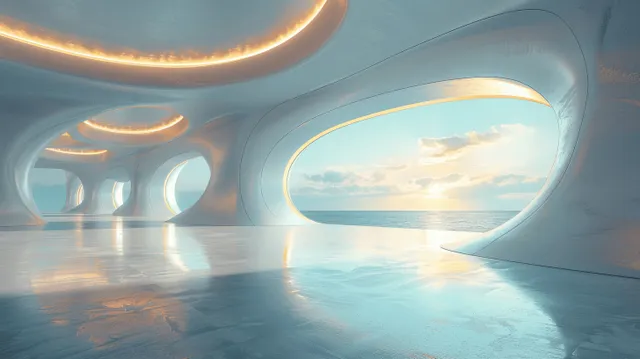 Futuristic curved architecture with empty concrete floor and glowing blue sky horizon