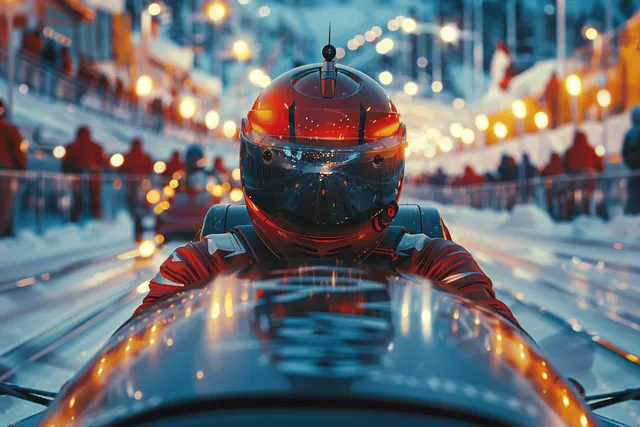 Night bobsleigh pilot in red suit drives a frozen track, headlight glow and misty curves