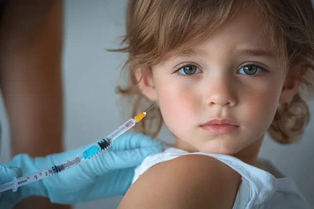 Young child receiving a vaccination injection in upper arm, blue-gloved clinician nearby with Shallow Depth Of Field
