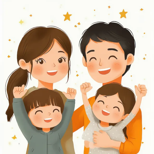 A family of four smiling together with glowing star sparkles on a white background.
