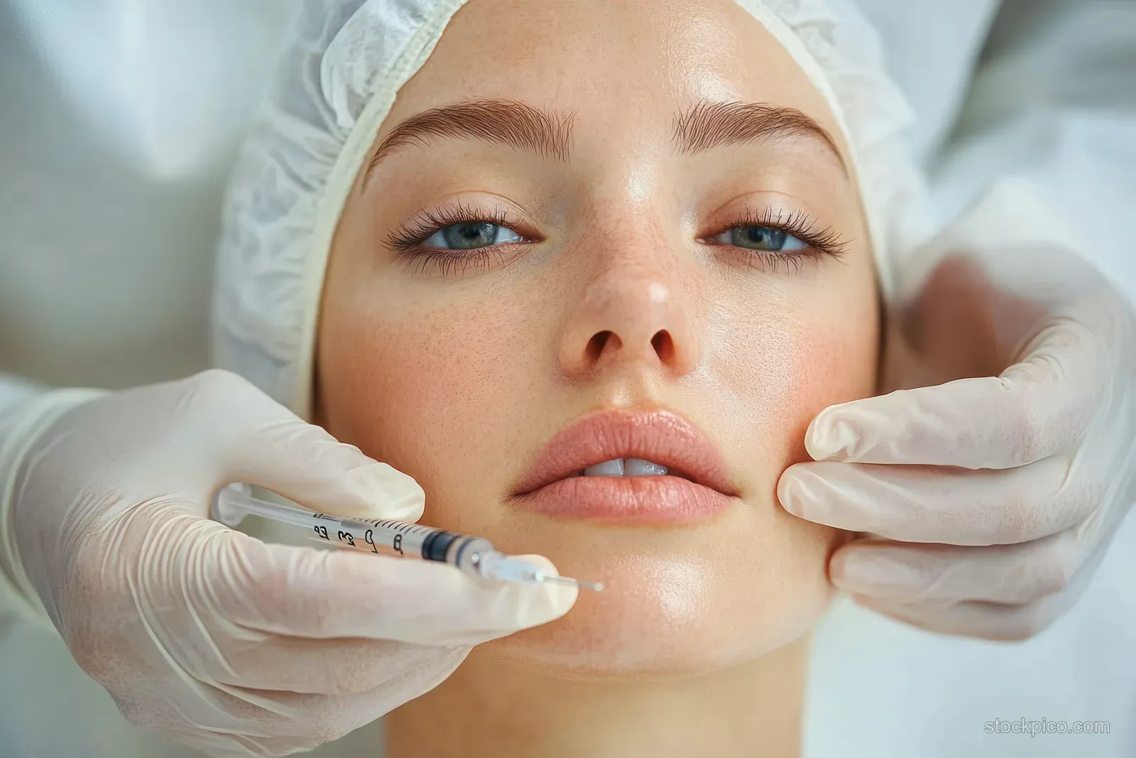 Gloved clinician holds a woman’s chin and injects cosmetic treatment in a clinical facial setting.
