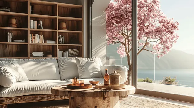 Minimalist living room with white sofa, wooden coffee table, and blooming pink tree view with Wood And White Palette