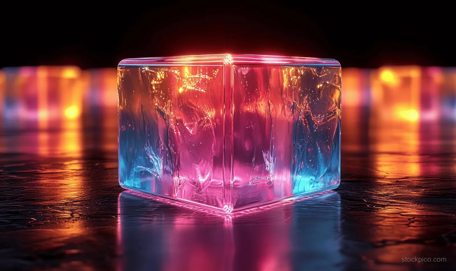 A glowing holographic glass cube rests on a reflective black floor with colorful prismatic reflections.