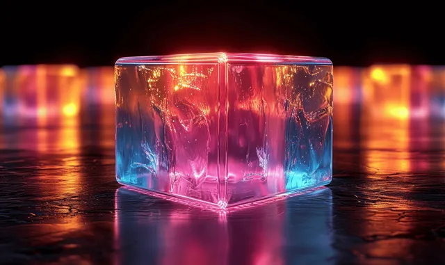 A glowing holographic glass cube rests on a reflective black floor with colorful prismatic reflections.