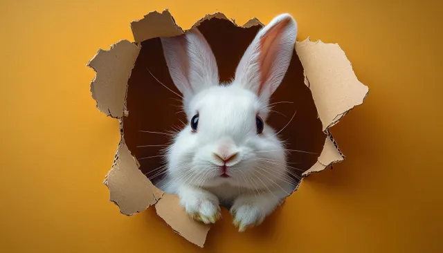 A white rabbit peeks through a torn hole in orange paper with bright eyes and visible whiskers.