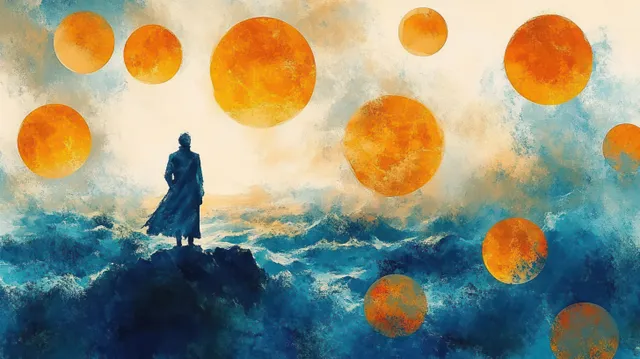 A silhouetted person stands on a rocky hill as glowing orange spheres float in a misty blue sky.
