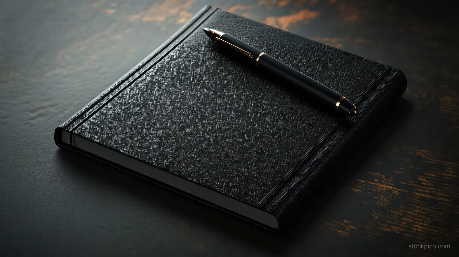 Black textured hardcover notebook with a fountain pen resting on a dark desk surface.