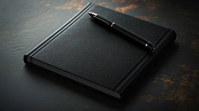 Cuaderno de tapa dura negra con textura y una pluma estilográfica sobre una superficie oscura de escritorio.