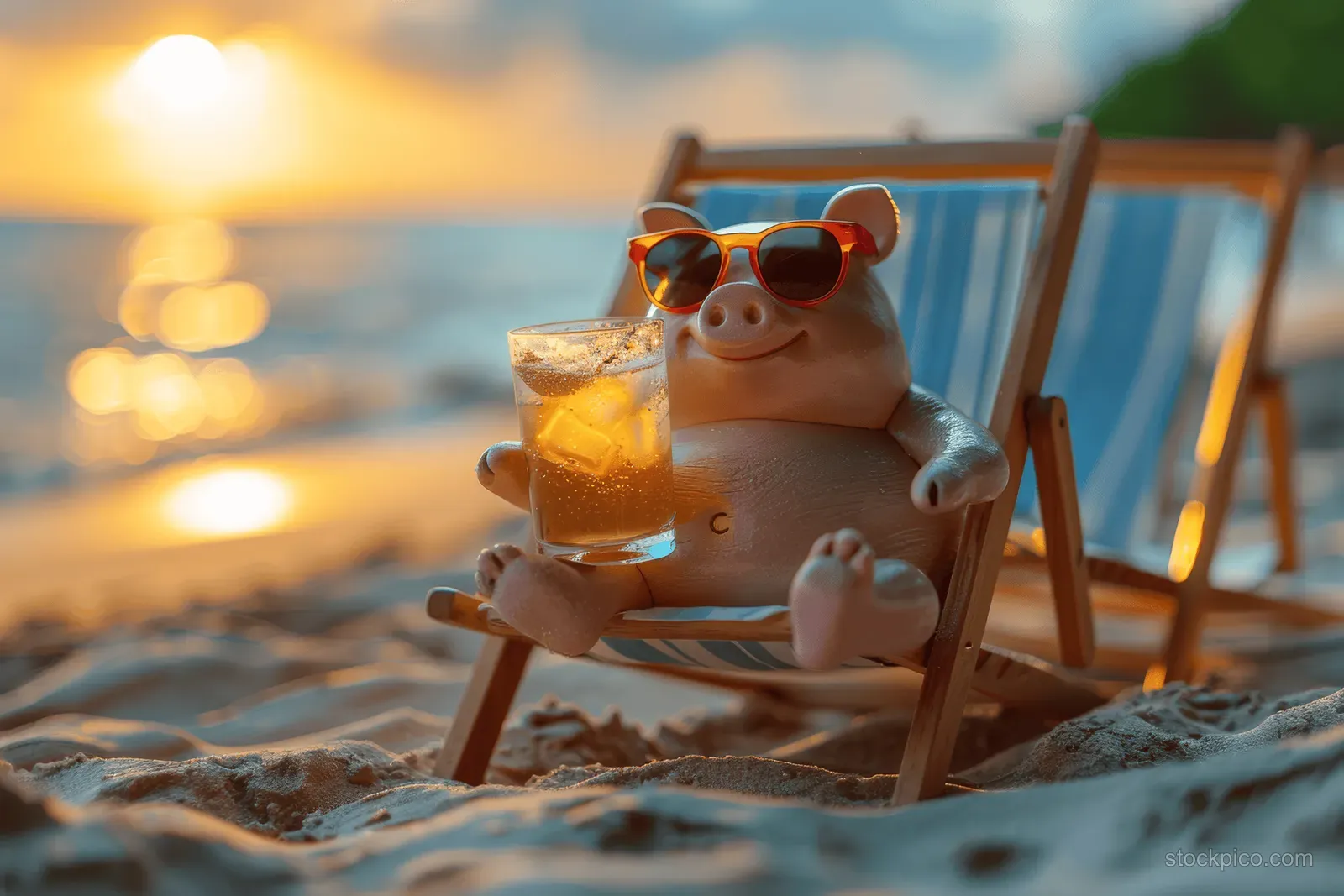 Cheerful pig wearing sunglasses lounges on a beach chair holding a glass of iced drink during sunset.