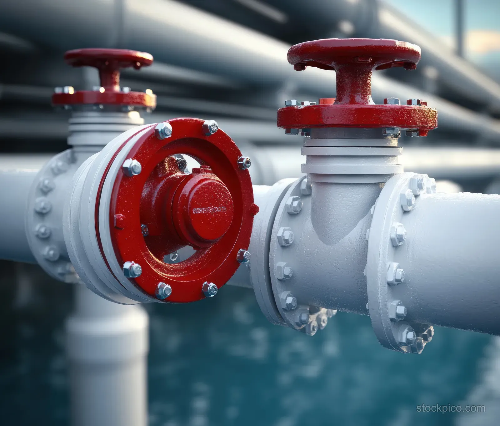 Red valve and flanged connection on a white industrial pipeline system inside a factory environment.