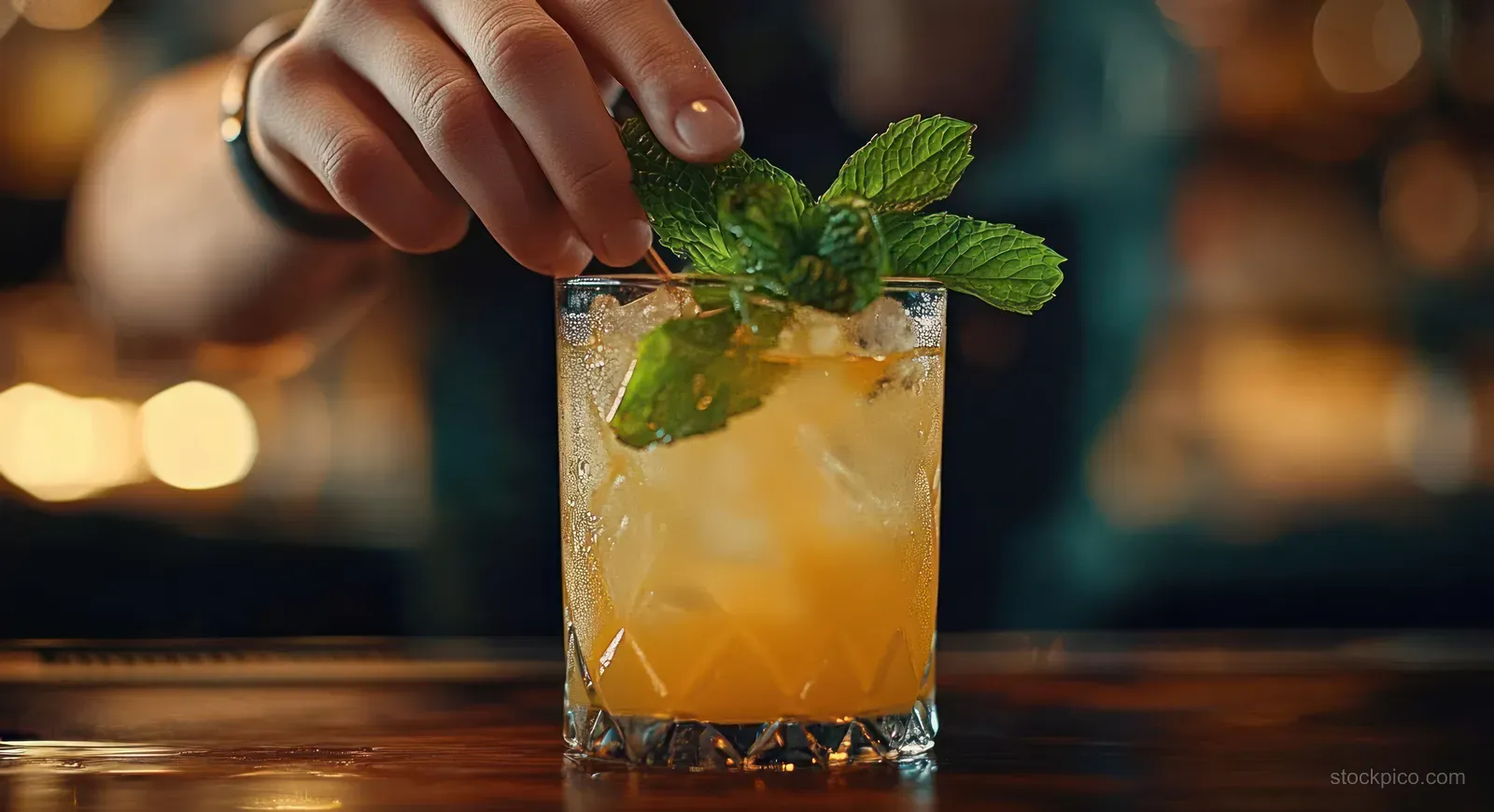 A hand places fresh mint leaves on an iced yellow cocktail in a glass on a wooden bar counter.